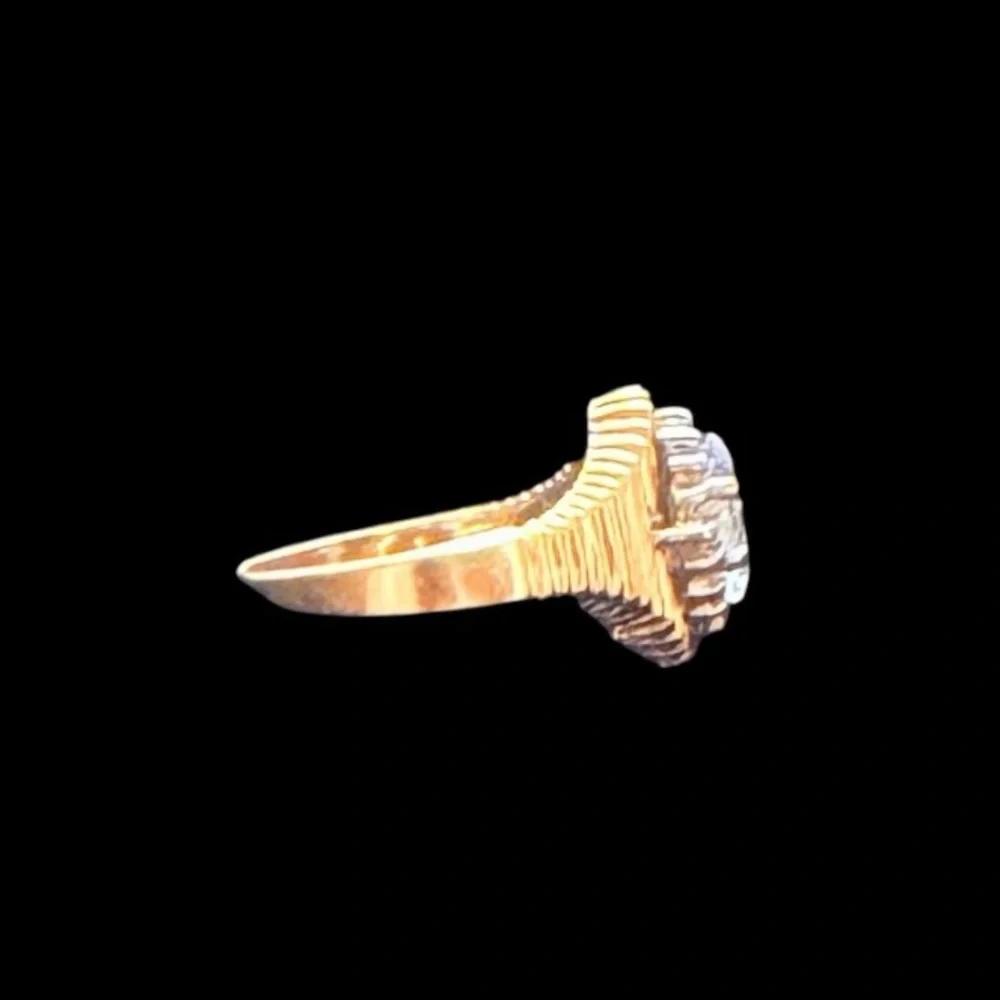 Vintage 14K Yellow Gold Marquise Blue Topaz and Diamond Halo Ring Size 6.5